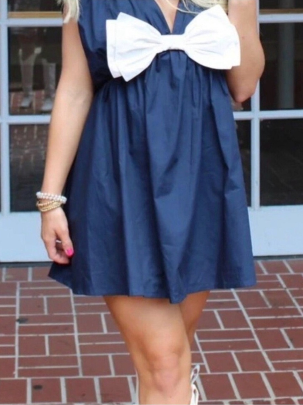Women's Navy A-Line Casual Dress with White Bow